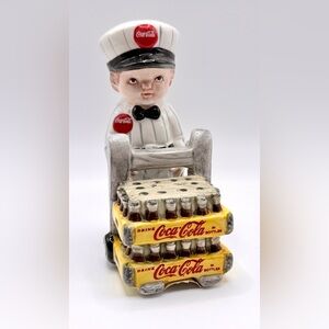 Retro Enesco Coca-Cola Delivery Boy w/ Cart Salt & Pepper Shakers, c. 1997